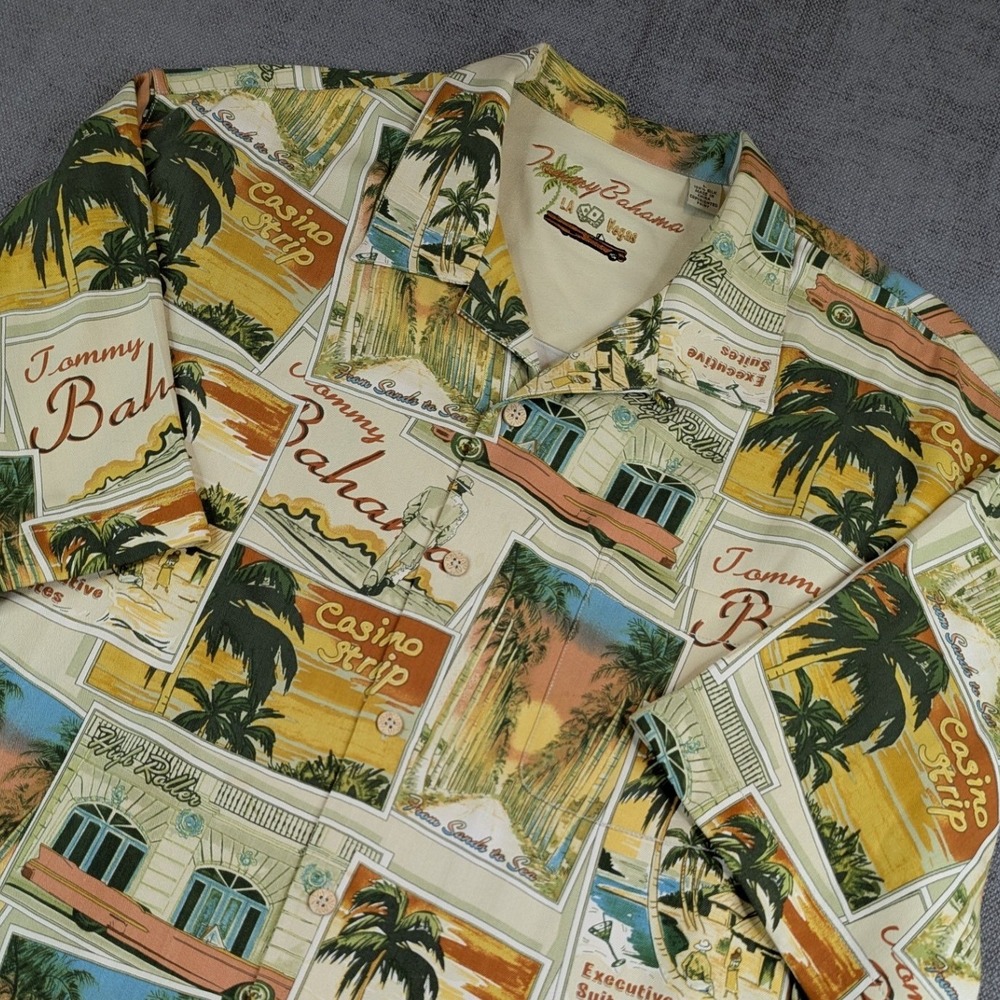 Tommy Bahama Shirt Mens L Silk Camp Vegas Casino Strip Print AOP Vacation Beach